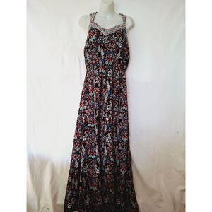 Xhilaration Maxi Sz L Black Multi-color Floral lolita Coachella Coquette dress